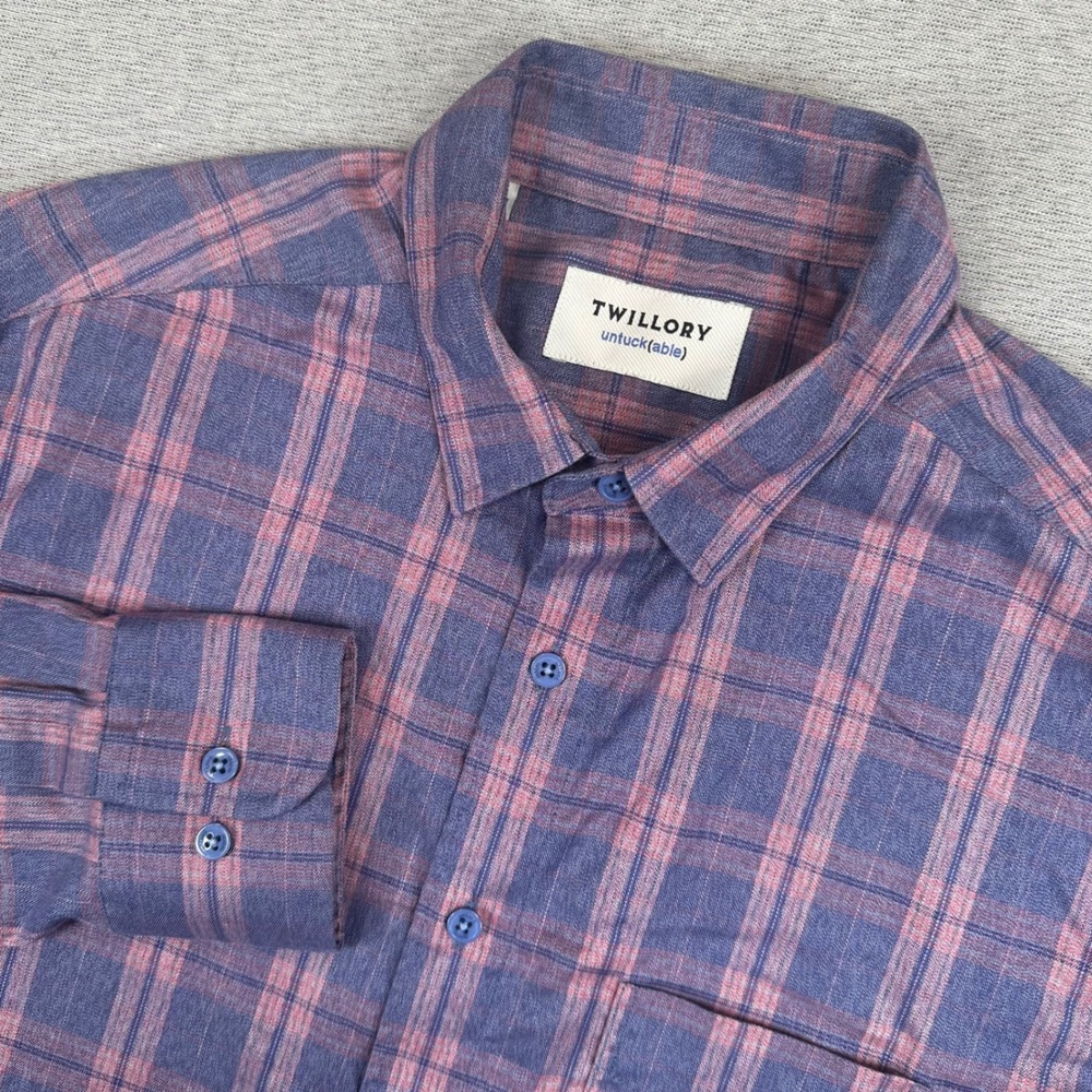 Twillory Untuckable Shirt Mens M Tailored Fit Blue Pink Plaid Non-Iron Safe‎
